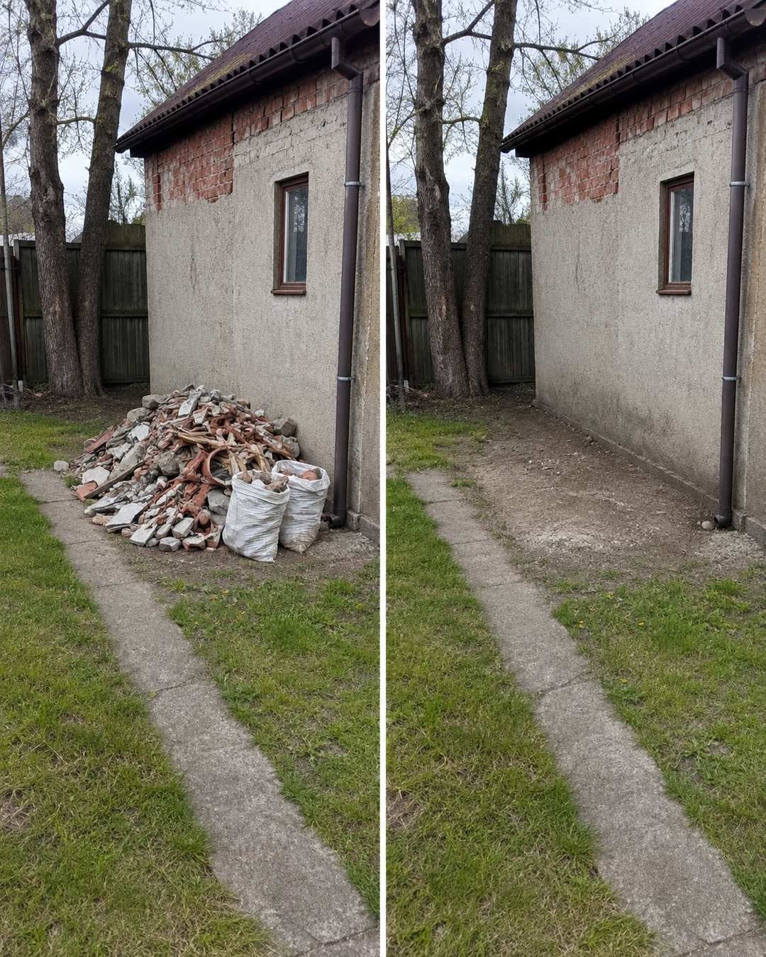 Wywóz sterty zmieszanego gruzu z działki za budynkiem przed i po